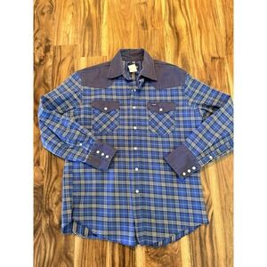 VTG Wrangler Pearl Snap Denim Shirt Brushpopper Mens L Plaid  Heavy Duty